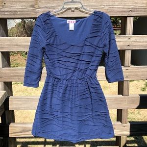 Navy Blue Textured Skater Dress with Sleeves